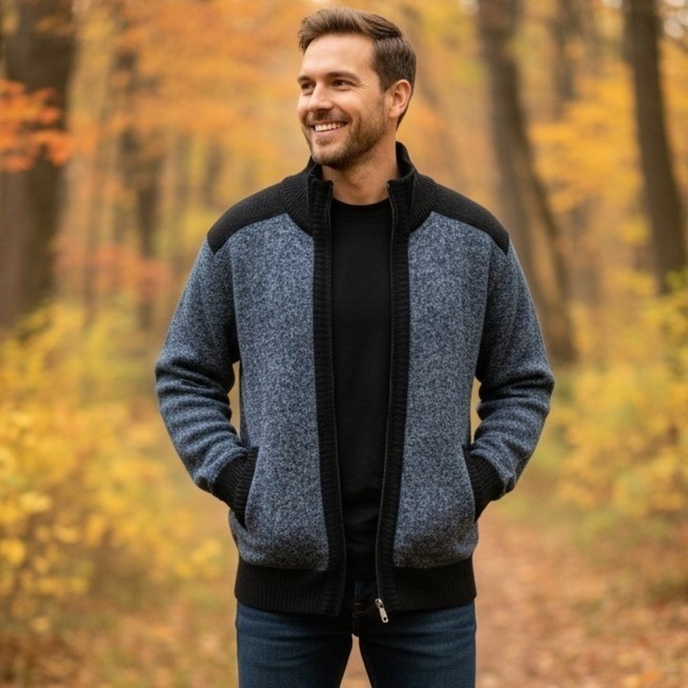 Yeokou Full Zip Cashmere Wool Plaid‎ Lined Cardigan Sweater Men's M Blue Black
